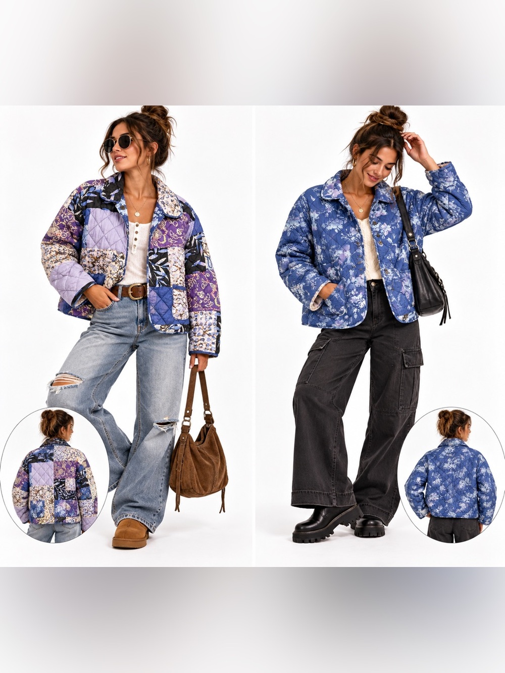 Reversible Quilted Floral Patchwork Jacket - Blue/Purple